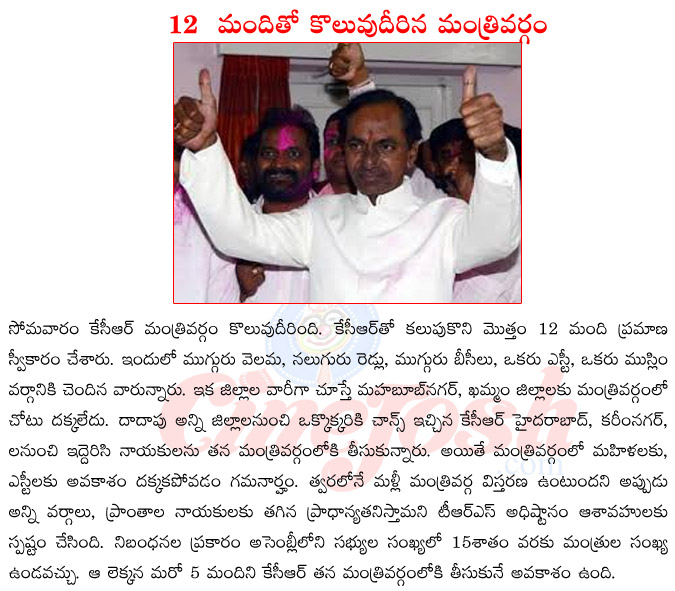 kcr cabinet,telangana first cm kcr,dt,womens not geeting chanse in kcr cabinet,velamas getting more prority in kcr cabinet,controversy on kcr cabinet  kcr cabinet, telangana first cm kcr, dt, womens not geeting chanse in kcr cabinet, velamas getting more prority in kcr cabinet, controversy on kcr cabinet